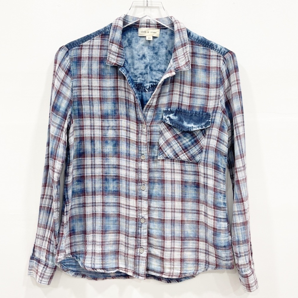 Cloth & Stone Plaid Acid Wash Denim Gauze Shirt XS